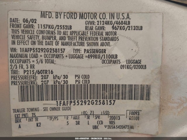 Aukcja sprzedaży 2002 Ford Taurus Ses, vin: 1FAFP55292G258157, numer aukcji: 45502761