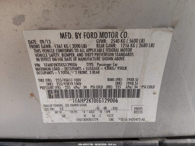 Ford TAURUS SHO 2014 1FAHP2KT0EG129006 Image 9