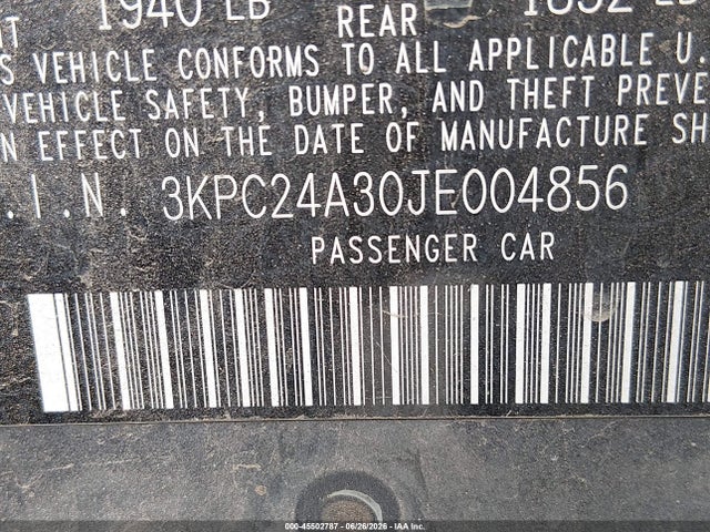 2018 Hyundai Accent Se მანქანა იყიდება აუქციონზე, vin: 3KPC24A30JE004856, აუქციონის ნომერი: 45502787