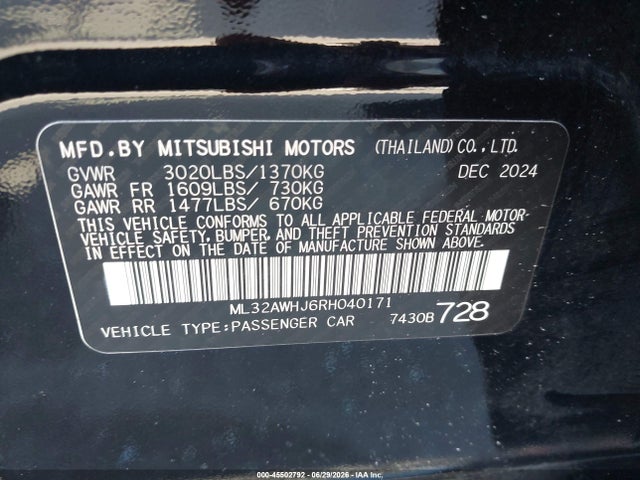 Aukcja sprzedaży 2024 Mitsubishi Mirage Black Edition, vin: ML32AWHJ6RH040171, numer aukcji: 45502792