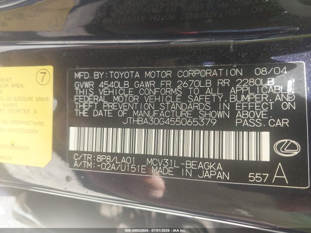 Aukcja sprzedaży 2005 Lexus Es 330, vin: JTHBA30G455065379, numer aukcji: 45502804