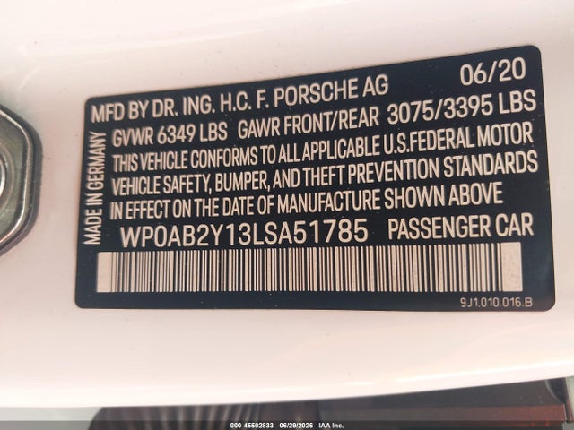 45502833 :رقم المزاد ، WP0AB2Y13LSA51785 vin ، 2020 Porsche Taycan 4s مزاد بيع