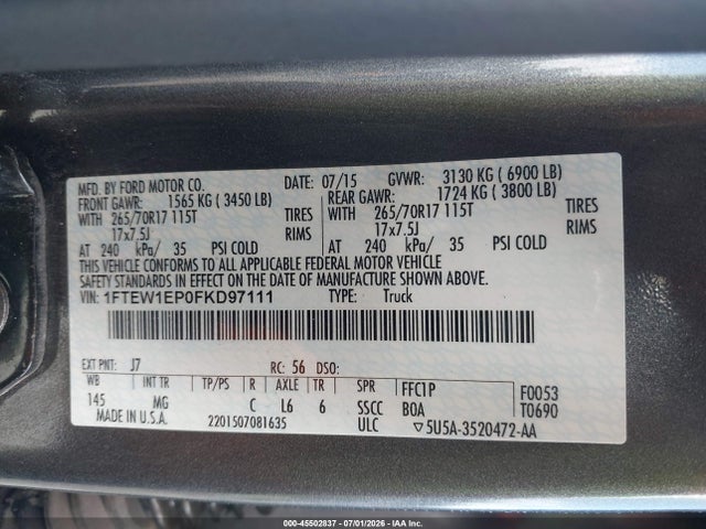 1FTEW1EP0FKD97111 Ford F-150 Lariat/xl/xlt