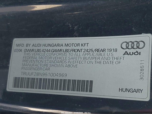 Aukcja sprzedaży 2005 Audi Tt 3.2l, vin: TRUUF28N951004969, numer aukcji: 45502841