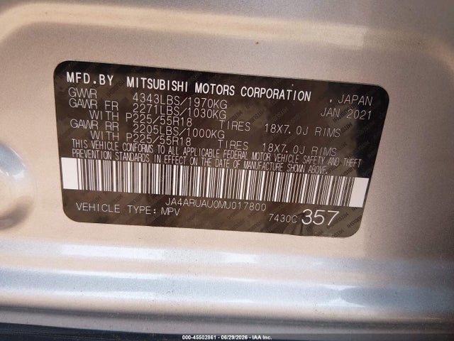 Aukcja sprzedaży 2021 Mitsubishi Outlander Sport 2.0 Be Awc/2.0 Es Awc/2.0 Le Awc/2.0 Se Awc, vin: JA4ARUAU0MU017800, numer aukcji: 45502861