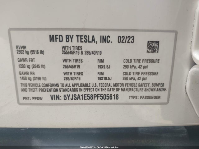 Продажа на аукционе авто 2023 Tesla Model S Dual Motor All-wheel Drive/standard Range, vin: 5YJSA1E58PF505618, номер лота: 45502871