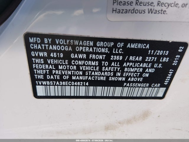 Продажа на аукционе авто 2014 Volkswagen Passat 1.8t Se, vin: 1VWBS7A36EC046214, номер лота: 45502874