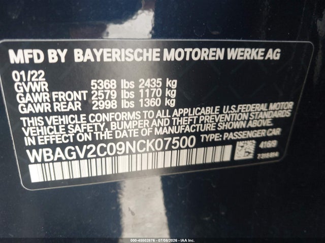 Aukcja sprzedaży 2022 Bmw 840 Gran Coupe I, vin: WBAGV2C09NCK07500, numer aukcji: 45502876