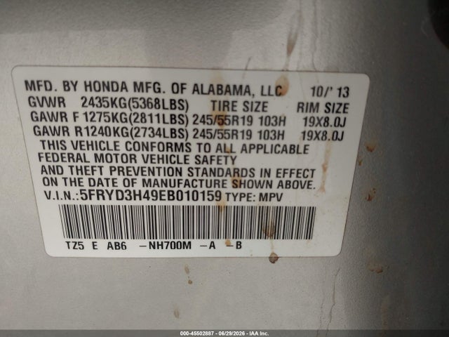 45502887 :رقم المزاد ، 5FRYD3H49EB010159 vin ، 2014 Acura Mdx Technology Package مزاد بيع