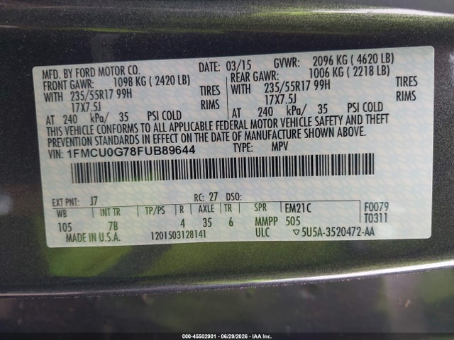 Aukcja sprzedaży 2015 Ford Escape Se, vin: 1FMCU0G78FUB89644, numer aukcji: 45502901