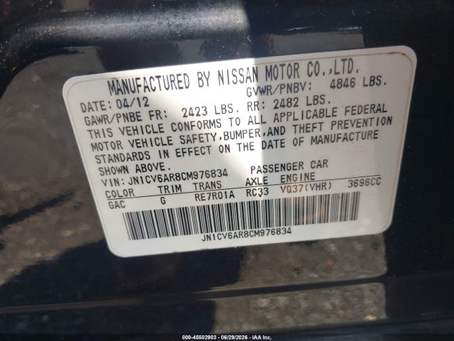 Продажа на аукционе авто 2012 Infiniti G37x, vin: JN1CV6AR8CM976834, номер лота: 45502903