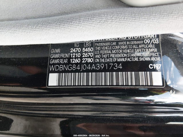 Продаж на аукціоні авто 2004 Mercedes-benz S 500 4matic, vin: WDBNG84J04A391734, номер лоту: 45502904