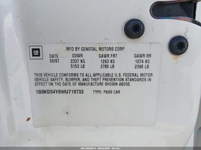 45502914 :رقم المزاد ، 1G6KD54Y6WU718733 vin ، 1998 Cadillac Deville مزاد بيع