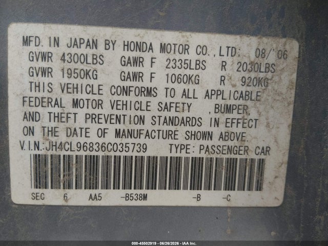 Продажа на аукционе авто 2006 Acura Tsx, vin: JH4CL96836C035739, номер лота: 45502919