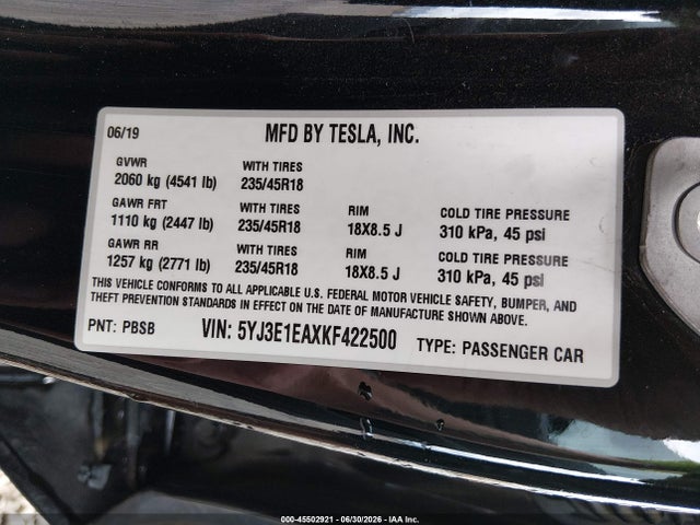 Aukcja sprzedaży 2019 Tesla Model 3, vin: 5YJ3E1EAXKF422500, numer aukcji: 45502921