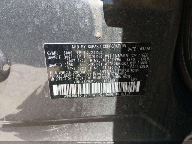 Subaru Ascent Limited 2020 4S4WMAPD8L3469302 Image 9