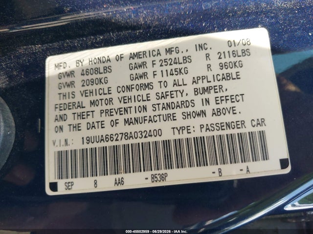 45502959 :رقم المزاد ، 19UUA66278A032400 vin ، 2008 Acura Tl 3.2 مزاد بيع