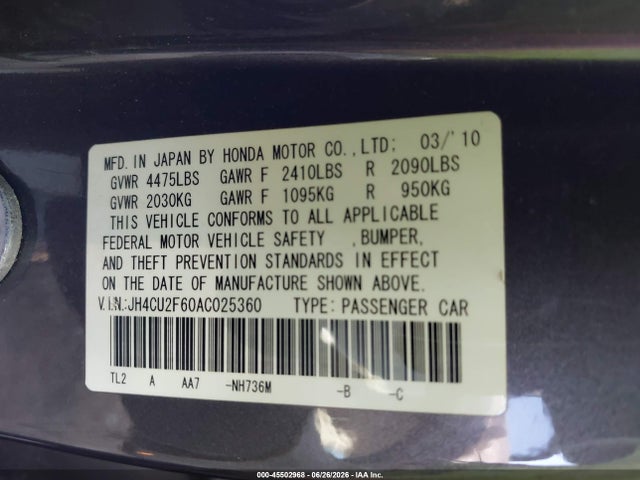 Aukcja sprzedaży 2010 Acura Tsx 2.4, vin: JH4CU2F60AC025360, numer aukcji: 45502968