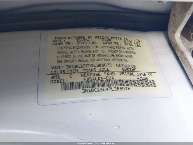 Aukcja sprzedaży 2007 Nissan Versa 1.8s, vin: 3N1BC13E47L388072, numer aukcji: 45503003