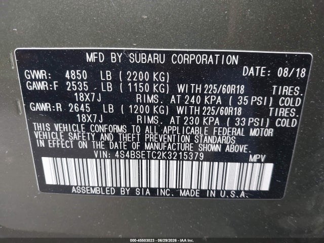 Subaru Outback 3.6r Touring 2019 4S4BSETC2K3215379 Image 9