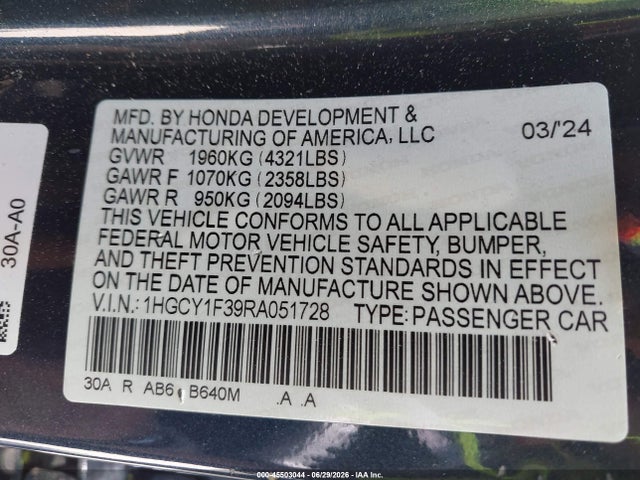Продажа на аукционе авто 2024 Honda Accord Ex, vin: 1HGCY1F39RA051728, номер лота: 45503044