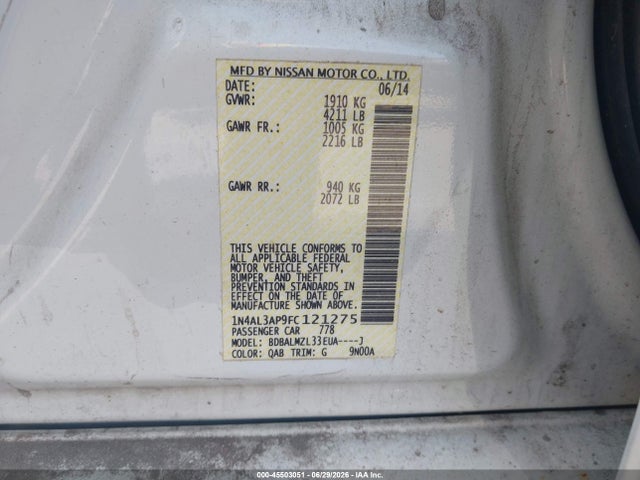 1N4AL3AP9FC121275 Nissan Altima 2.5 Sv