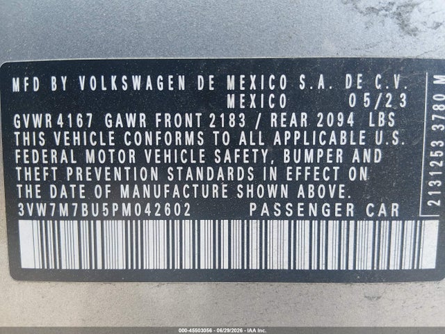 Продажа на аукционе авто 2023 Volkswagen Jetta 1.5t Se, vin: 3VW7M7BU5PM042602, номер лота: 45503056