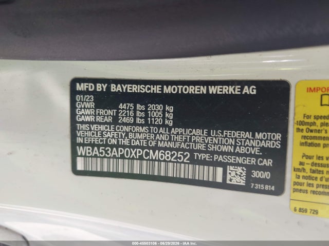 2023 Bmw 430i მანქანა იყიდება აუქციონზე, vin: WBA53AP0XPCM68252, აუქციონის ნომერი: 45503106