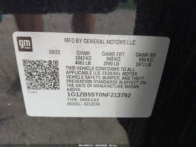 45503131 :رقم المزاد ، 1G1ZB5ST0NF213792 vin ، 2022 Chevrolet Malibu Fwd Ls مزاد بيع