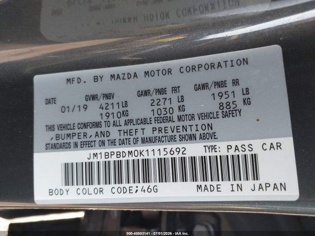 45503141 :رقم المزاد ، JM1BPBDM0K1115692 vin ، 2019 Mazda Mazda3 Preferred Package مزاد بيع