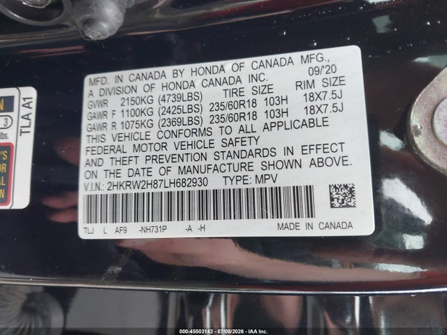 Honda Cr-v Awd Ex-l 2020 2HKRW2H87LH682930 Image 9