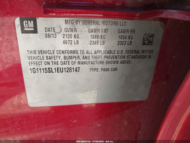 Chevrolet IMPALA 1LT 2014 1G1115SL1EU128147 Image 9