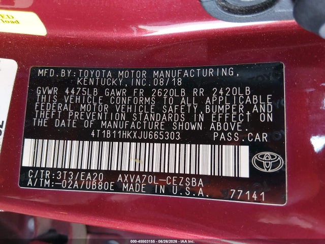2018 Toyota Camry Se მანქანა იყიდება აუქციონზე, vin: 4T1B11HKXJU665303, აუქციონის ნომერი: 45503155