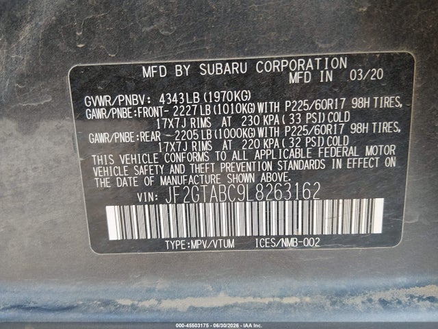 45503175 :رقم المزاد ، JF2GTABC9L8263162 vin ، 2020 Subaru Crosstrek مزاد بيع
