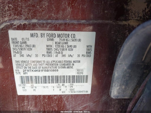 45503180 :رقم المزاد ، 2FMTK4K81FBB00869 vin ، 2015 Ford Edge Titanium مزاد بيع