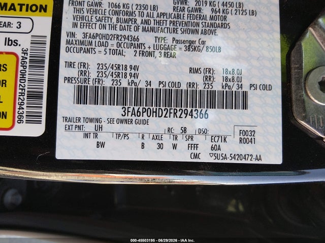 3FA6P0HD2FR294366 Ford FUSION SE