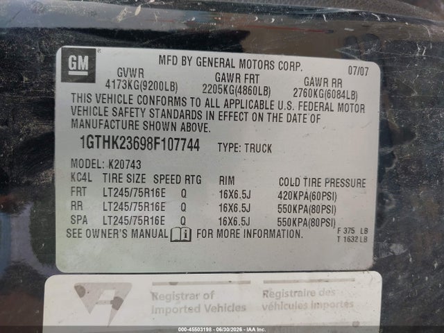 Aukcja sprzedaży 2008 Gmc Sierra 2500hd Sle2, vin: 1GTHK23698F107744, numer aukcji: 45503198