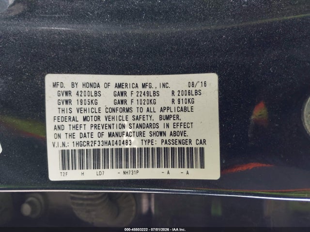 Продаж на аукціоні авто 2017 Honda Accord Lx, vin: 1HGCR2F33HA040483, номер лоту: 45503222