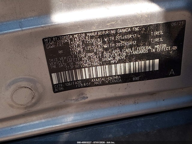 2021 Toyota Rav4 Xle მანქანა იყიდება აუქციონზე, vin: 2T3P1RFV2MC218821, აუქციონის ნომერი: 45503227