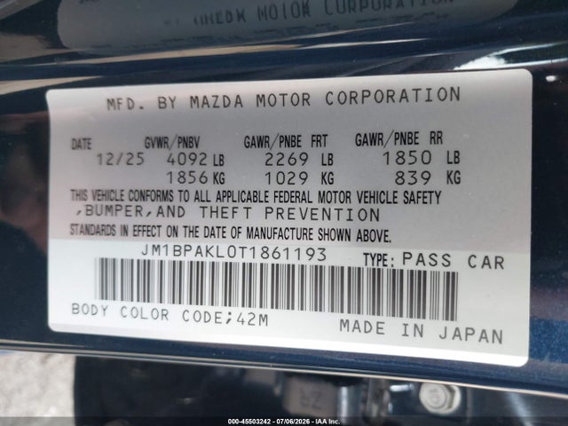 Aukcja sprzedaży 2026 Mazda Mazda3 2.5 S Select Sport, vin: JM1BPAKL0T1861193, numer aukcji: 45503242