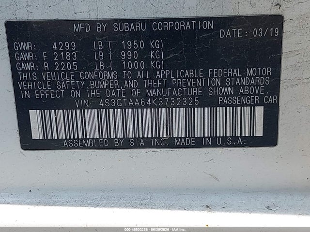 45503256 :رقم المزاد ، 4S3GTAA64K3732325 vin ، 2019 Subaru Impreza 2.0i مزاد بيع