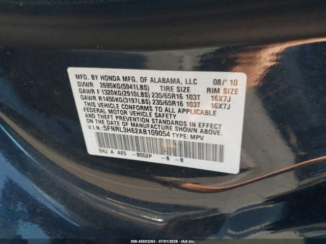 2010 Honda Odyssey Ex-l მანქანა იყიდება აუქციონზე, vin: 5FNRL3H62AB109054, აუქციონის ნომერი: 45503263
