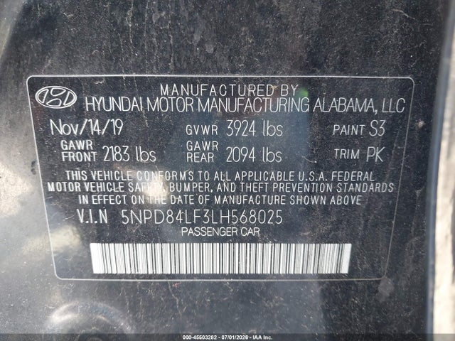2020 Hyundai Elantra Sel მანქანა იყიდება აუქციონზე, vin: 5NPD84LF3LH568025, აუქციონის ნომერი: 45503282