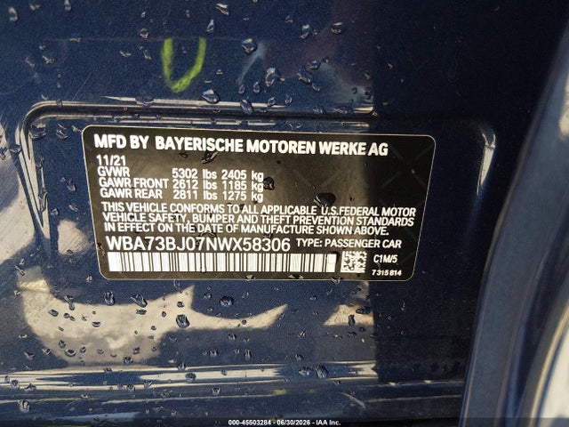 2022 Bmw 540 I Xdrive მანქანა იყიდება აუქციონზე, vin: WBA73BJ07NWX58306, აუქციონის ნომერი: 45503284