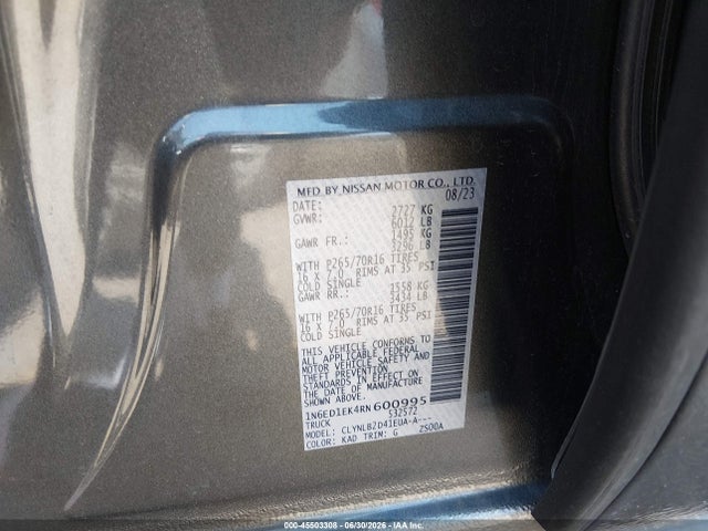 2024 Nissan Frontier Sv 4x4 მანქანა იყიდება აუქციონზე, vin: 1N6ED1EK4RN600995, აუქციონის ნომერი: 45503308
