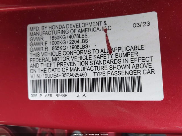 2023 Acura Integra A-spec მანქანა იყიდება აუქციონზე, vin: 19UDE4H35PA025460, აუქციონის ნომერი: 45503330