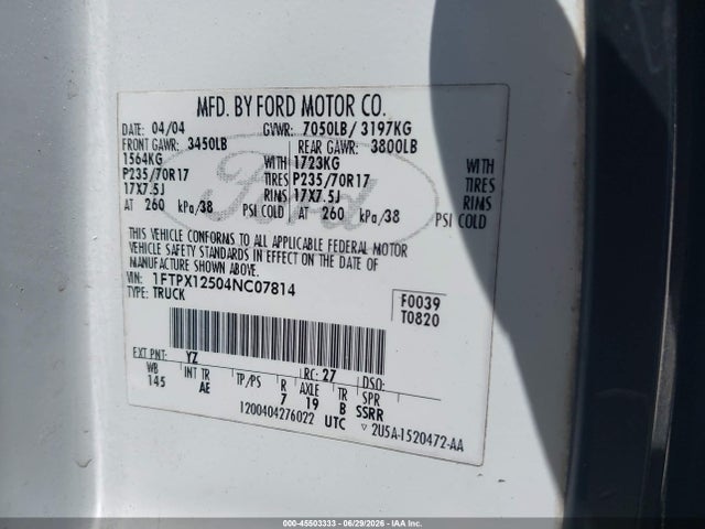 45503333 :رقم المزاد ، 1FTPX12504NC07814 vin ، 2004 Ford F-150 Lariat/xl/xlt مزاد بيع