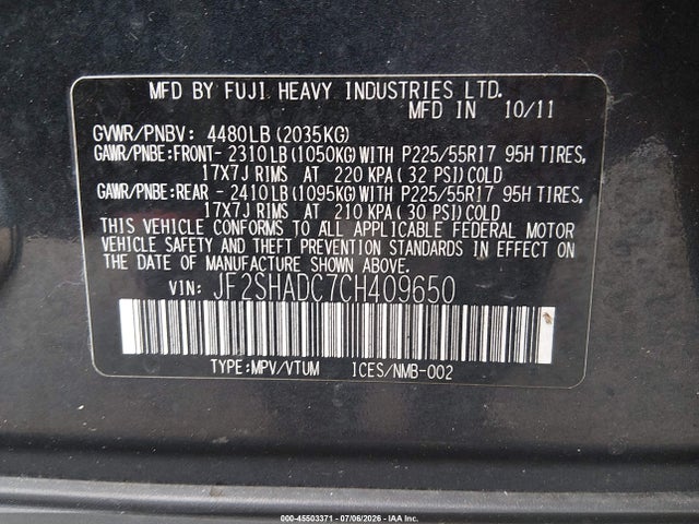 45503371 :رقم المزاد ، JF2SHADC7CH409650 vin ، 2012 Subaru Forester 2.5x Premium مزاد بيع