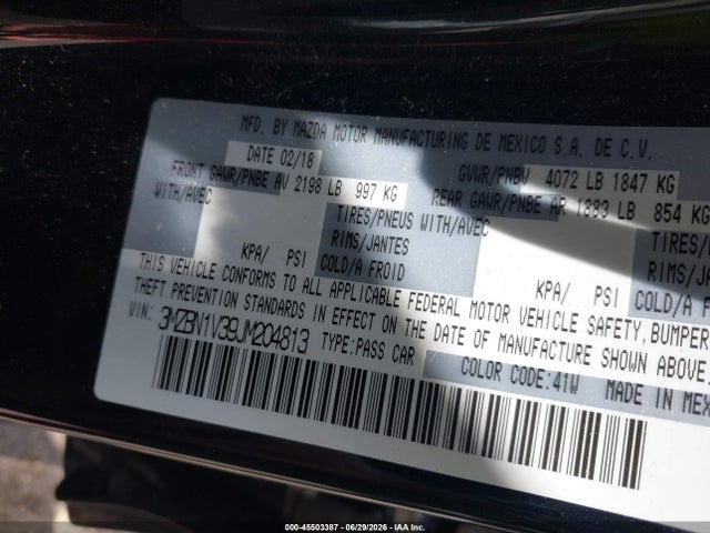 45503387 :رقم المزاد ، 3MZBN1V39JM204813 vin ، 2018 Mazda Mazda3 Touring مزاد بيع