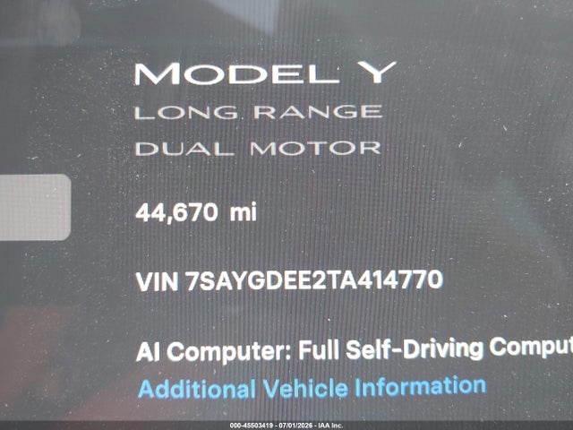 Aukcja sprzedaży 2026 Tesla Model Y All-wheel Drive/long Range Launch Series/premium All-wheel Drive, vin: 7SAYGDEE2TA414770, numer aukcji: 45503419